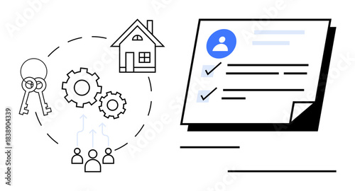 Keys, a house, gears, a community figure, and a checklist highlight real estate, process management, collaboration, and planning. Ideal for real estate teamwork housing organization property