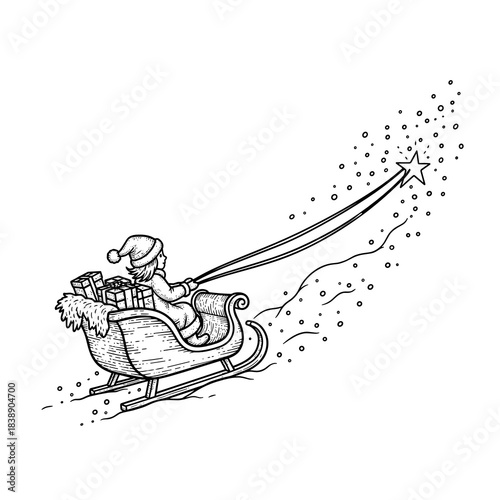 Santa Claus riding in a sleigh with presents through snowy night  