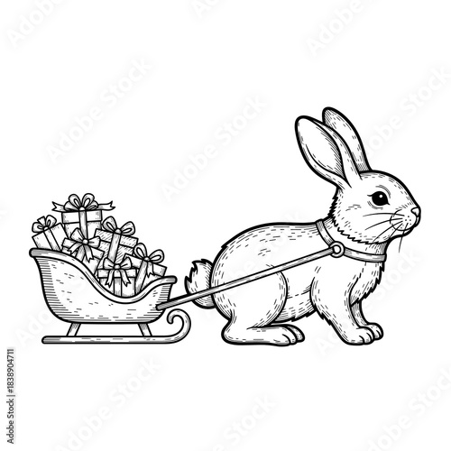 Rabbit pulling tiny sleigh filled with presents in winter season  