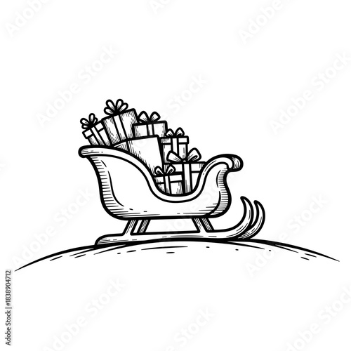 Sleigh filled with presents resting on snowy hill in winter season  