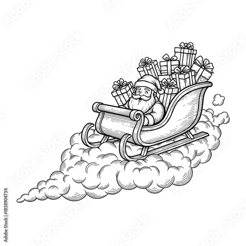 Santa Claus riding sleigh filled with presents above the clouds  