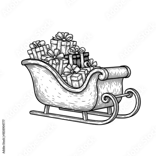 Sleigh filled with colorful presents ready for winter transportation  