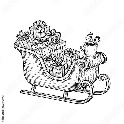 Sleigh filled with presents and a mug of hot chocolate for winter  