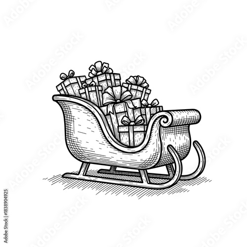 Sleigh filled with wrapped presents on textured paper background  