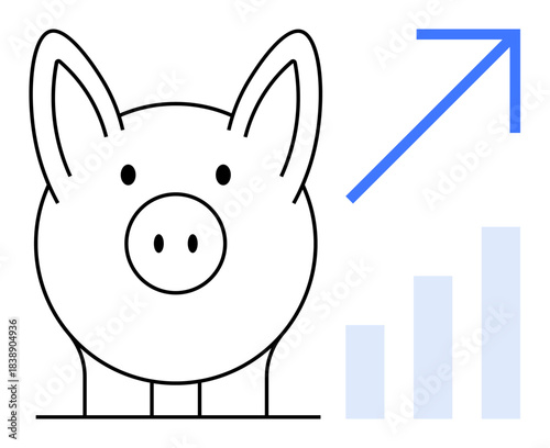 Savings growth concept. Piggy bank saving and finance growth. Upward arrow and bar chart financial progress. For budgeting tools, investment, finance apps, banking