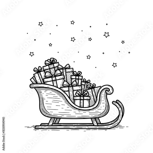 Sleigh filled with presents under starry night sky for winter transportation  