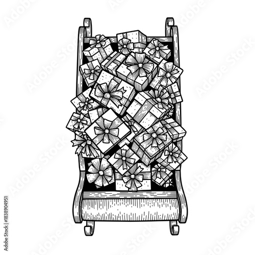 Sleigh overflowing with festive gifts in a monochrome illustration  