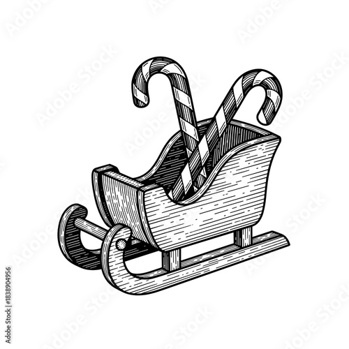 Wooden sleigh with striped candy canes for winter transportation  