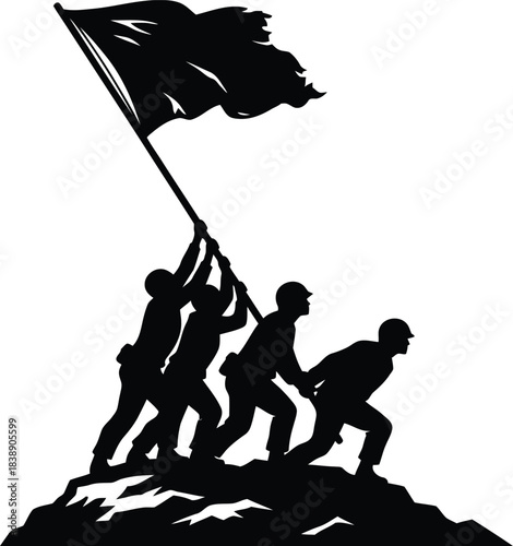 Soldier Silhouette Raising Flag on Mountain Peak, Military Teamwork Illustration