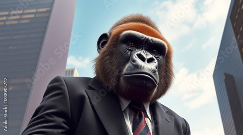 a gorilla in a business suit against the background of skyscrapers. Concept, power, and business leadership. For banners, business content, and business partners