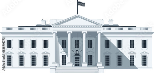 Editorial Use Vector Illustration of The White House Home and Office of the President of the United States Featuring a Detailed Neoclassical Facade and Columns