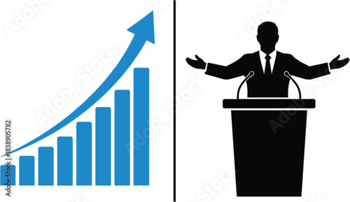Motivational Speaker or Businessman Giving a Powerful Presentation Resulting in Significant Financial Growth and Sales Increase Represented by an Ascending Bar Graph Vector Illustration