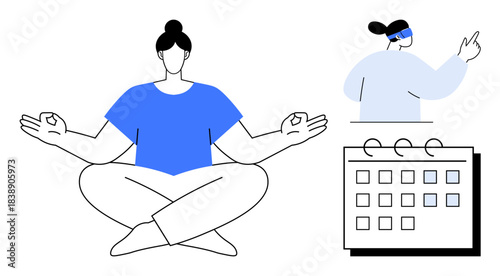 Person meditating in lotus pose, calendar with marked dates, individual with blindfold signaling alertness. Ideal for mindfulness, organization, stress relief, focus, productivity, mental health