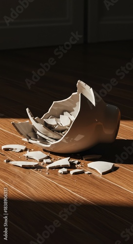 A ceramic vase lies shattered into countless sharp pieces on a wooden floor, representing an accident, fragility, and irreparable damage ,fragments ,destruction ,sharp