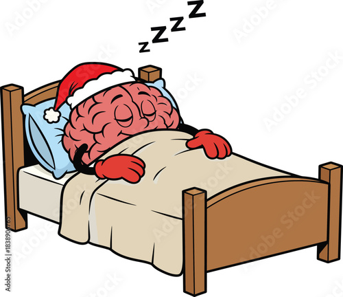 New Cartoon brain character wearing a santa hat sleeping soundly in bed with zzzs above its head, isolated vector