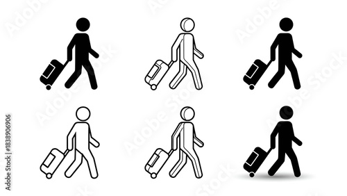 Set of six stylized traveler icons depicting a person walking while pulling a rolling suitcase luggage bag