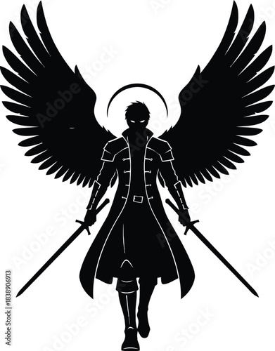 Dark Angel Warrior Silhouette with Wings and Dual Swords