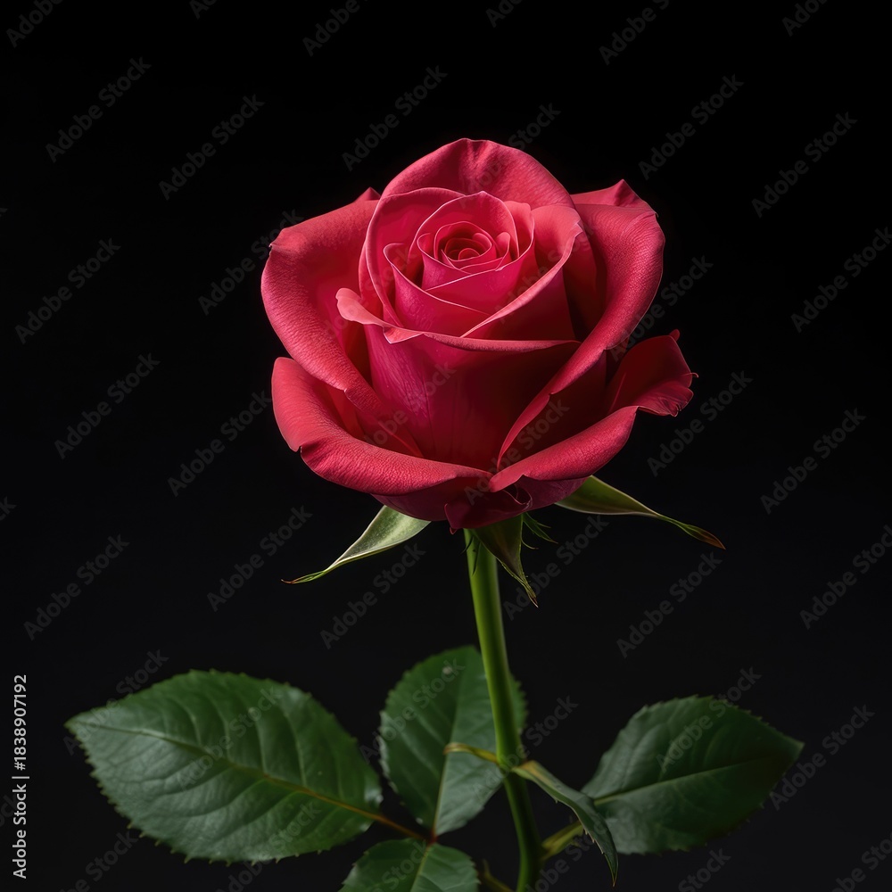 Naklejka premium A perfect, solitary rose bloom presented against a simple background, symbolizing deep love, profound romance, delicate beauty, and elegance ,green ,love ,foliage