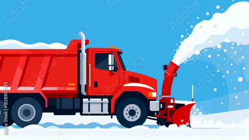 Red snow plow truck removing snow in winter landscape  