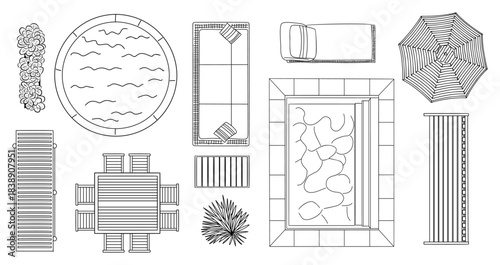 Clean black and white top view vector set featuring pool, hot tub, sunbeds, umbrellas, outdoor furniture, decking, and plants in a minimalist line art style isolated on transparent background