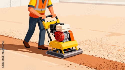 Construction worker using compactor on dirt ground at job site  
