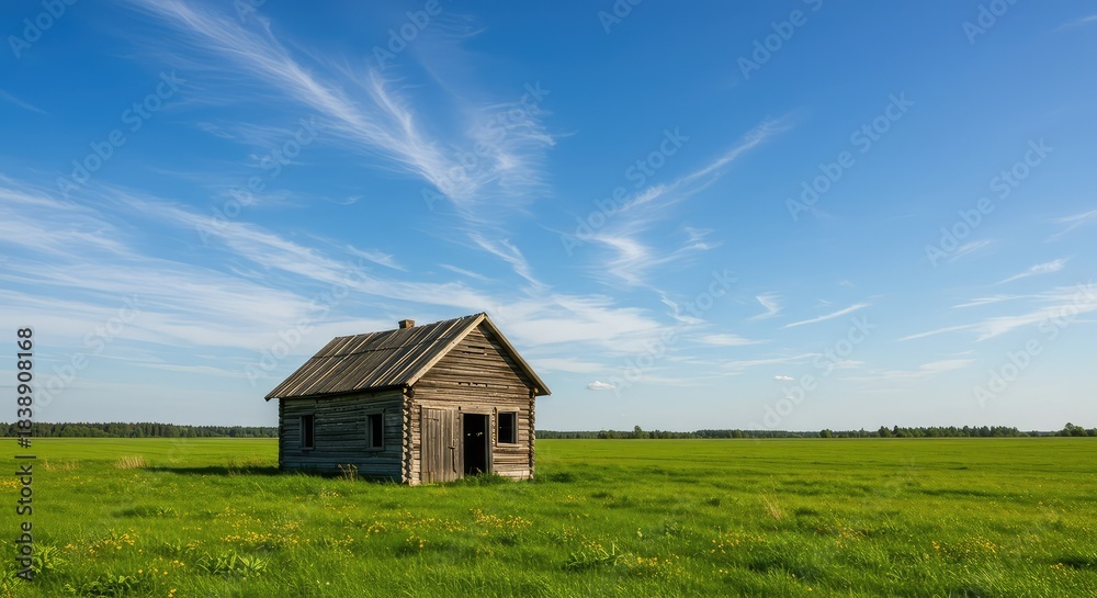 Obraz premium A weathered, dilapidated wooden shack stands solitary in a vibrant, sunlit summer meadow, surrounded by lush green grass and blue sky ,isolated ,cabin ,vast