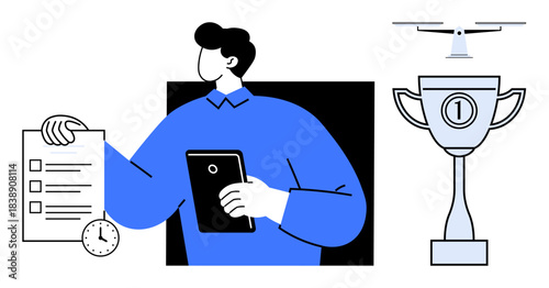 Achievement concept. Achievement ed with a checklist, a trophy, and a quadcopter success. Achievement motivation tools for management, productivity, goals, and innovation