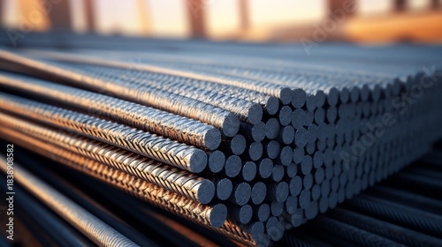 Close-up of stacked steel rods in sunlight.