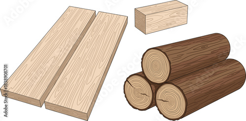 Wooden planks, lumber blocks, and stacked tree logs illustration for woodworking, carpentry, construction projects, and natural material design.