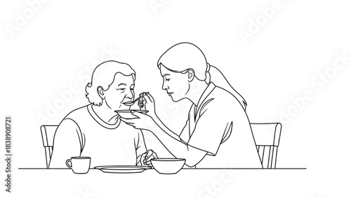 High-quality black continuous line art of a caregiver helping an elderly person eat a meal at a table, home care and senior support concept