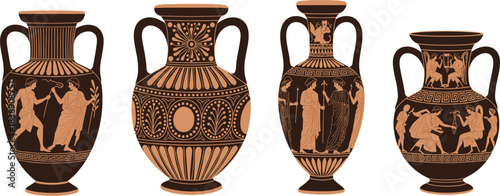 Ancient Greek amphora vase collection with classical mythology illustrations, traditional terracotta pottery, and intricate ornamental decorative patterns.