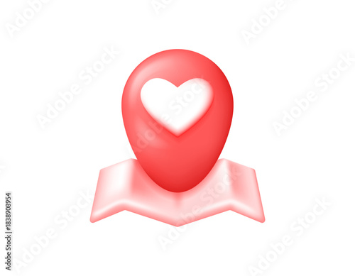 Love or partner location concept. Search for nearby matches. Dating app. An illustration of a location symbol, heart, and map. Valentine's Day elements. 3D style illustration. White background.