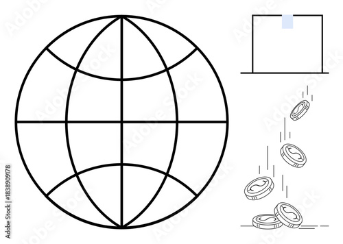 Global trade, online business, financial technology, digital payments, e-commerce, cryptocurrency. Globe, laptop falling coins. Global trade and online business illustrated visually