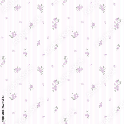 Flower pattern, floral seamless pattern, cottagecore ditsy tile print, sakura flower on stripe background. Small purple flower blossom, light tone design for fashion, texture, fabric, wallpaper