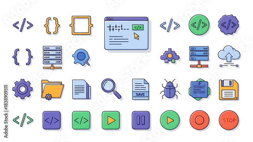 Vibrant Vector Icons for Software Development and Debugging Concepts