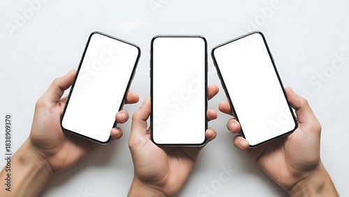 Three smartphones displayed in hands with blank white screens for mockup presentation