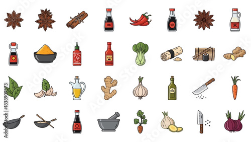 Asian Cooking Ingredients Colorful Vector Icons for Culinary Projects