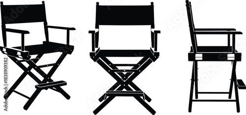 Black silhouette vector set of director’s chairs shown from multiple angles for film production, cinema equipment, and studio design use.