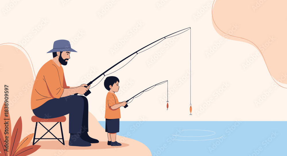 Obraz premium Father and son fishing together by the water, enjoying a peaceful outdoor activity and bonding time.