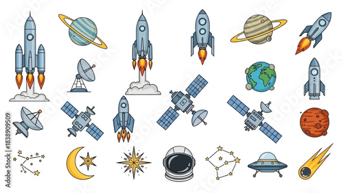 Cosmic Voyage Cartoon Spacecraft and Celestial Objects Collection