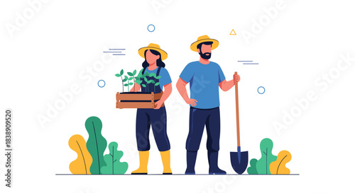 A man and a woman, dressed as farmers, stand together, ready for gardening and planting new crops.