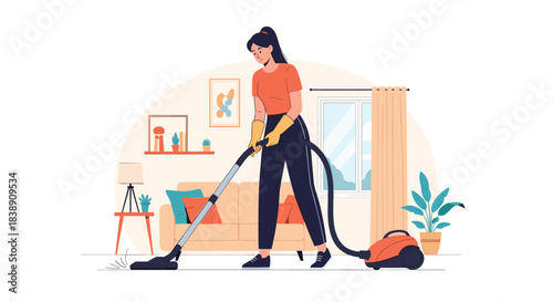 A woman wearing gloves is vacuuming the floor in a brightly lit living room, performing household chores to keep the space clean.