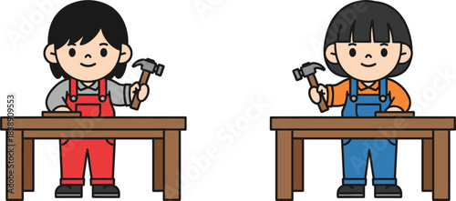 Children learning basic woodworking skills using hammers at a workbench, adorable kids crafting and practicing carpentry activities.