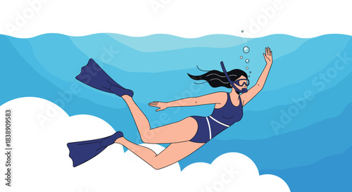 A woman with a snorkel and flippers is swimming gracefully underwater in clear blue water, exploring the marine environment.