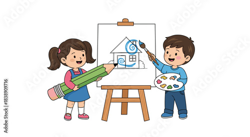 Two happy children, a girl with a big pencil and a boy painting on an easel, creatively drawing and painting a house with swirls.