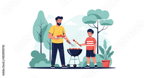 Father and son happily grill meat and skewers outdoors, enjoying a fun barbecue together in a park setting.