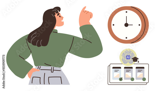 Woman pointing, clock indicating time management, task organizer with AI icon. Ideal for productivity, workflow, planning, education, innovation, time optimization simple flat metaphor