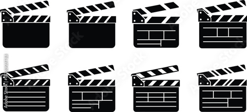 PrintCollection of black and white film clapperboard icons featuring various slate designs for movie production, filmmaking, and cinema projects.