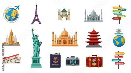 World Travel Landmarks Illustrated Icons of Global Destinations for Travel Designs