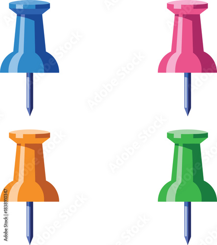 Colorful push pin set featuring blue, pink, orange, and green thumbtacks for office notes, bulletin boards, and reminders.